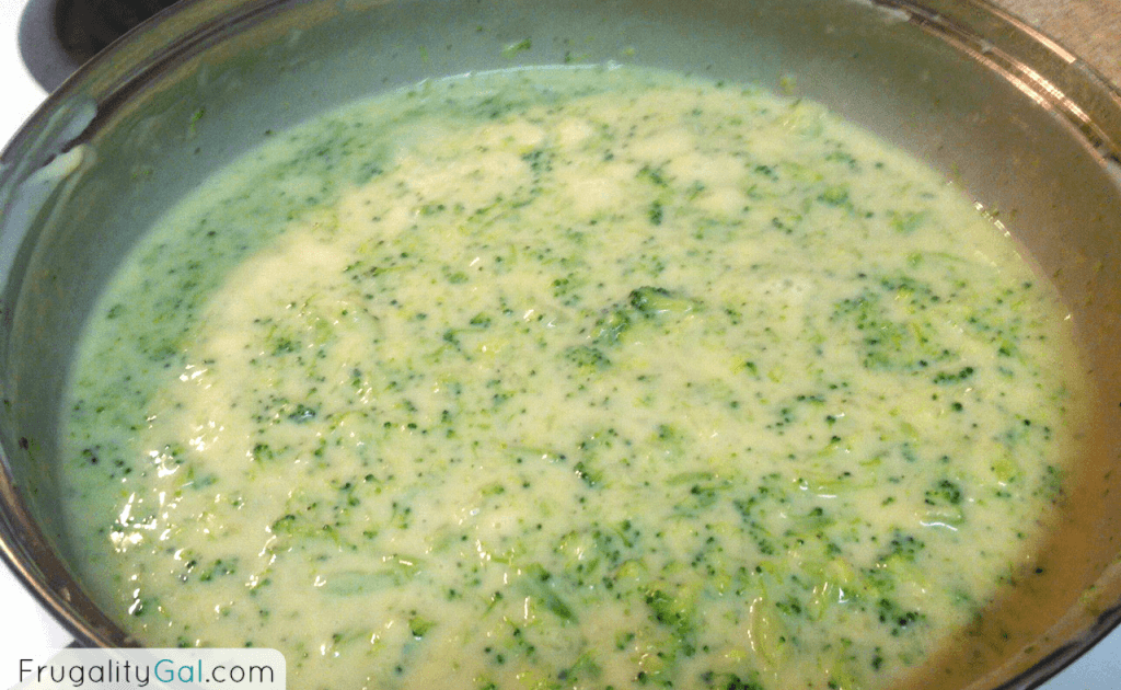 After mashing the broccoli, the end result is a fun chunky Alfredo sauce inside the sauce pan.