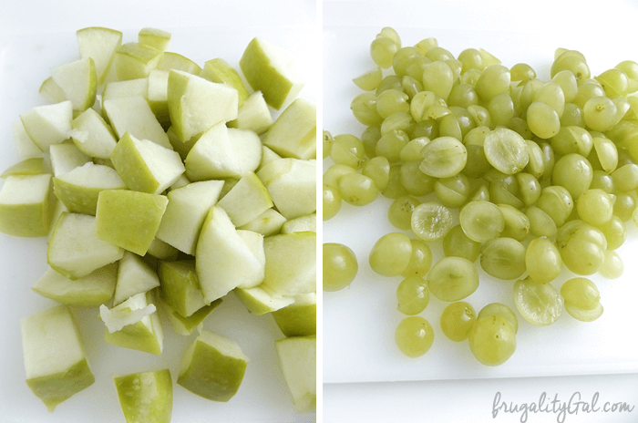 Chopped apples and halved grapes.