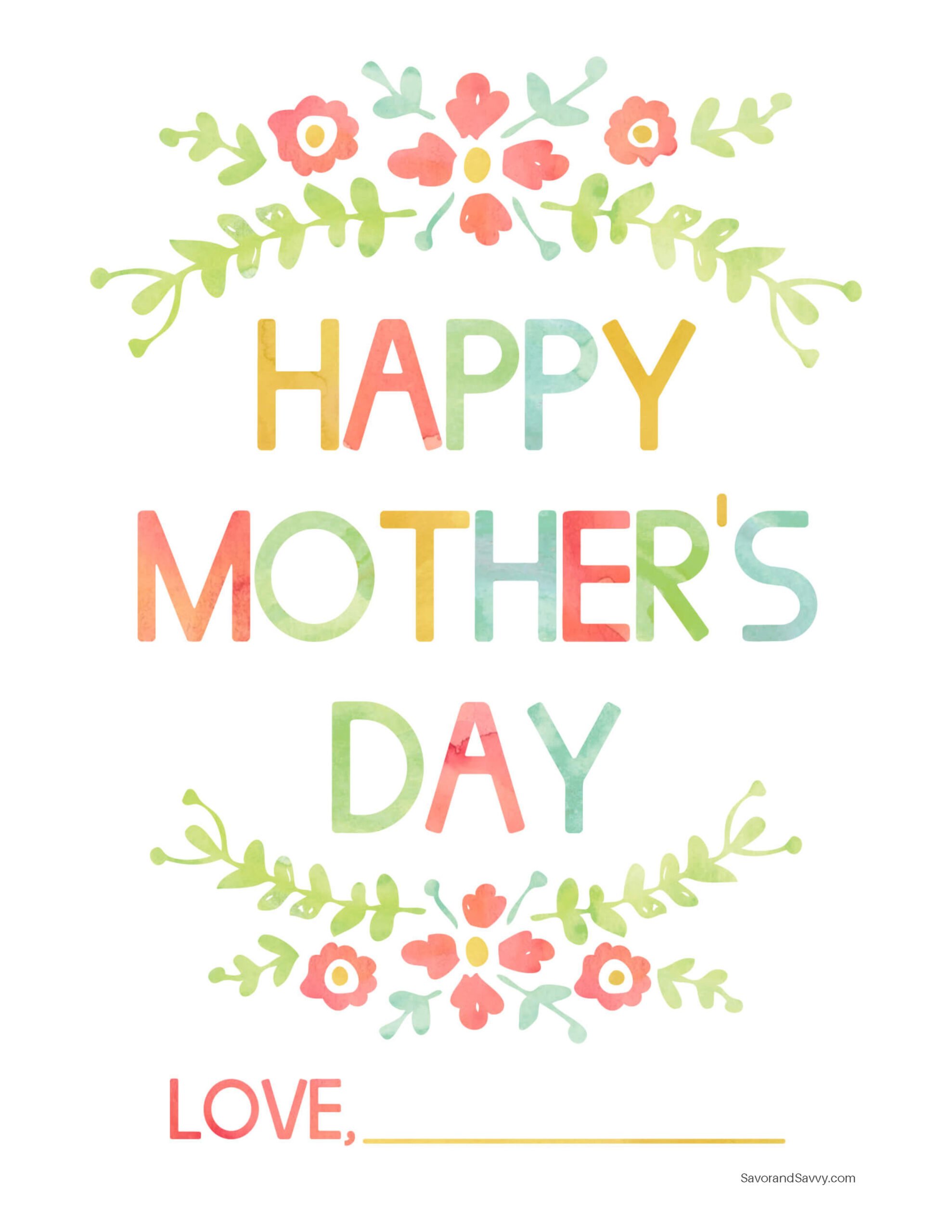 Free printable Mother's Day card, in a watercolor floral style.