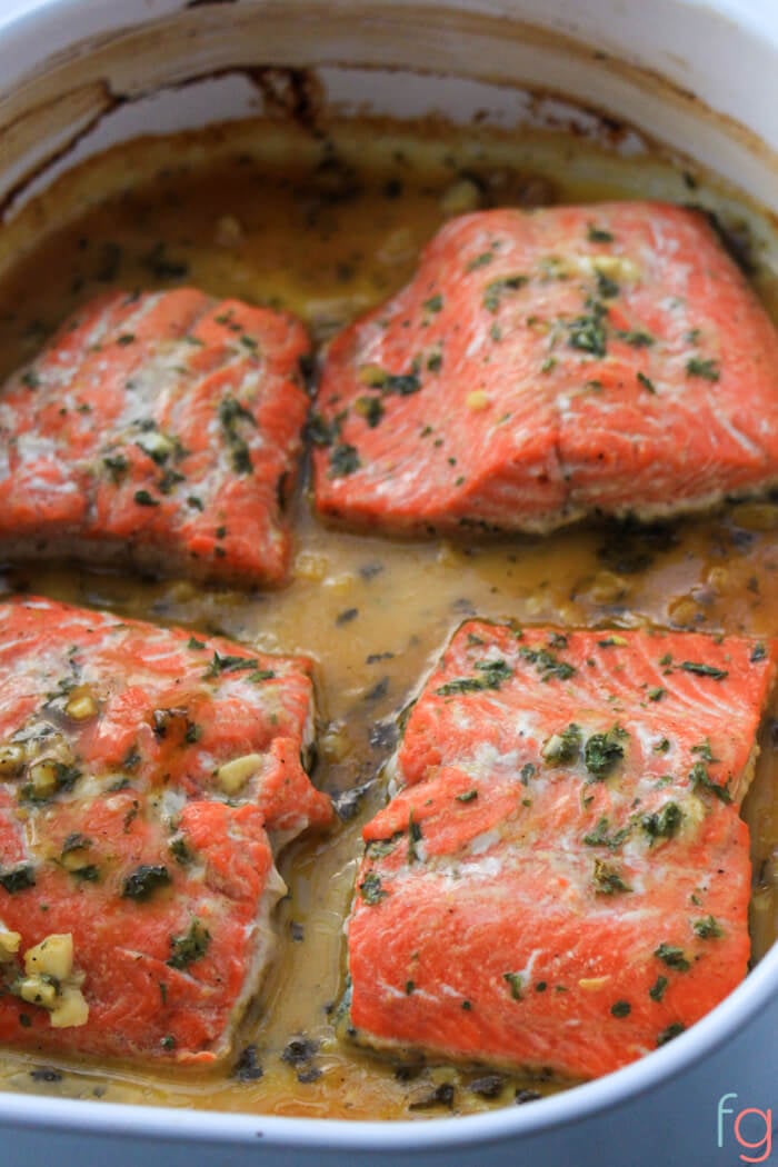 Honey Dijon salmon in the baking dish, ready to serve.