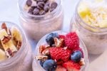Top down image of four overnight oats recipes including Triple Berry, Banana Nut, Tropical, and Chocolate Chip