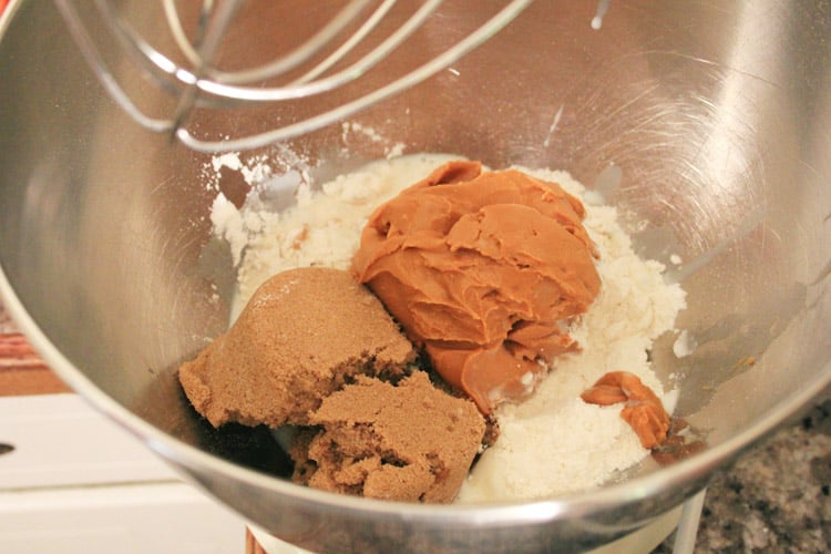 Sugar, milk, and sunflower butter in a mixing bowl.