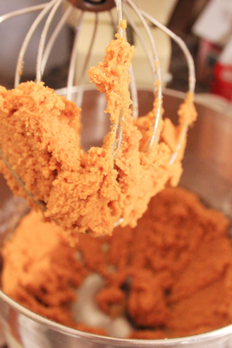 Sunbutter dough on the whisk of the kitchenmaid stand mixer.