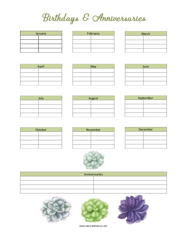 Birthdays and Anniversaries List Printable