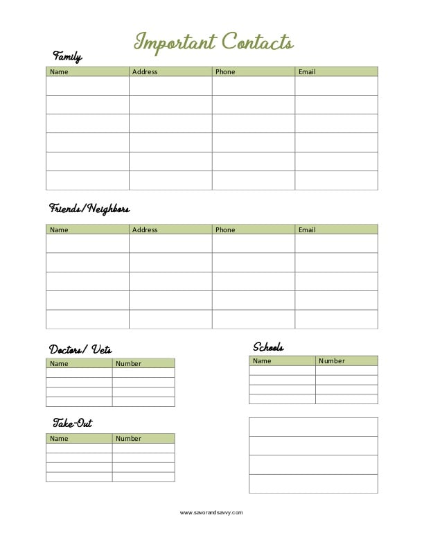 Important Contact Information Printable