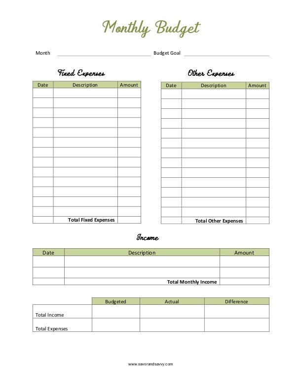 Monthly Budget Printable