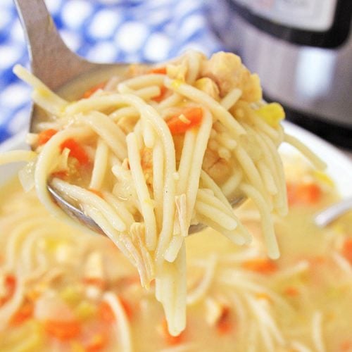 ladle of soup over a bowl and the instant pot in the background