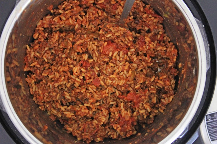 After cooking and stirring, this is the thick spanish rice meal.