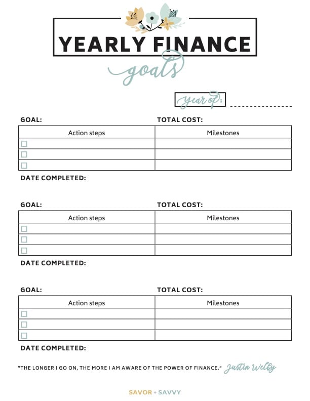 yearly finance goals worksheet printable.