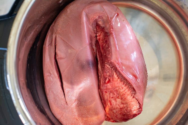 a fresh beef tongue in the bottom of the instant pot.