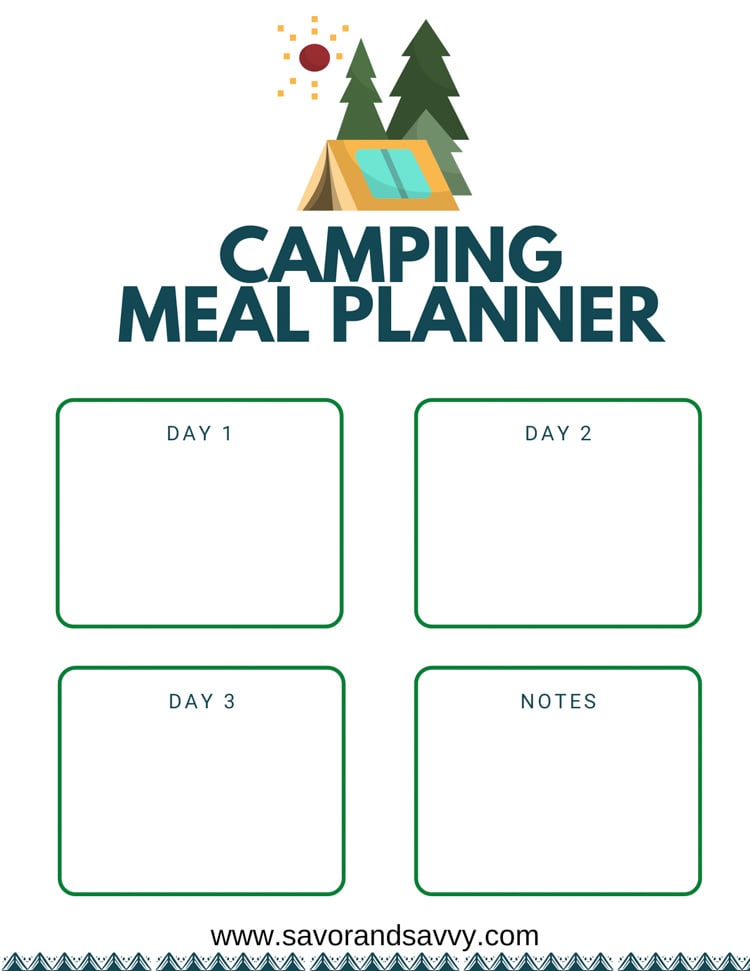 camping meal planner worksheet with room for three days of food and a notes section for anything you don't want to forget