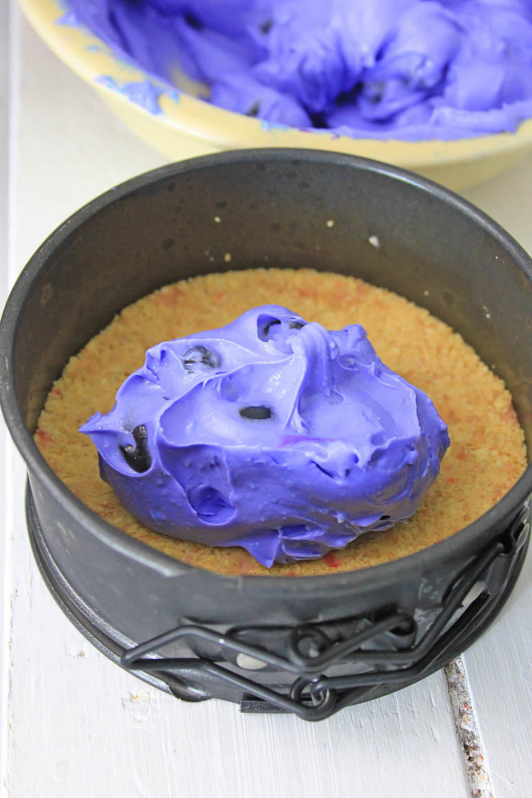 Add the Blueberry Mixture to as the first layer over the graham cracker crust.