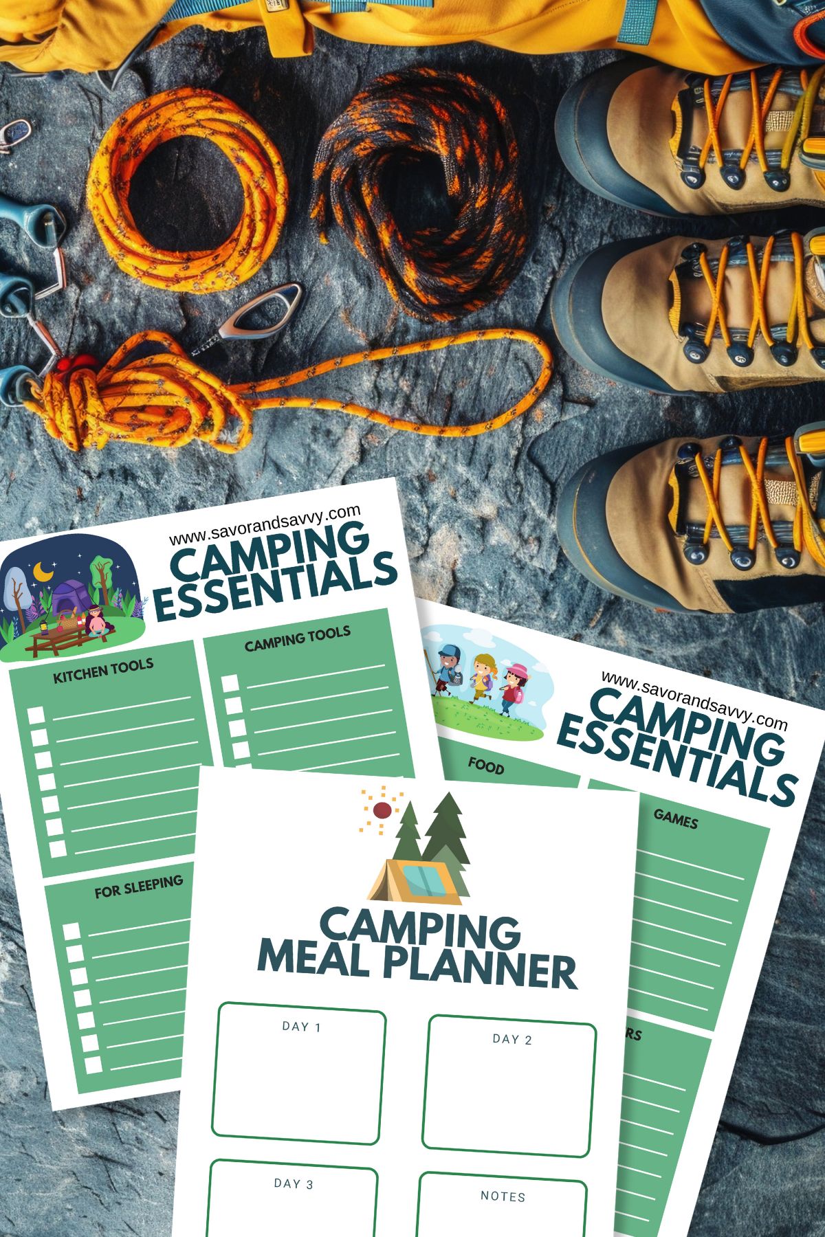 Free printable camping checklists and meal planner on a rugged surface next to hiking boots and gear.