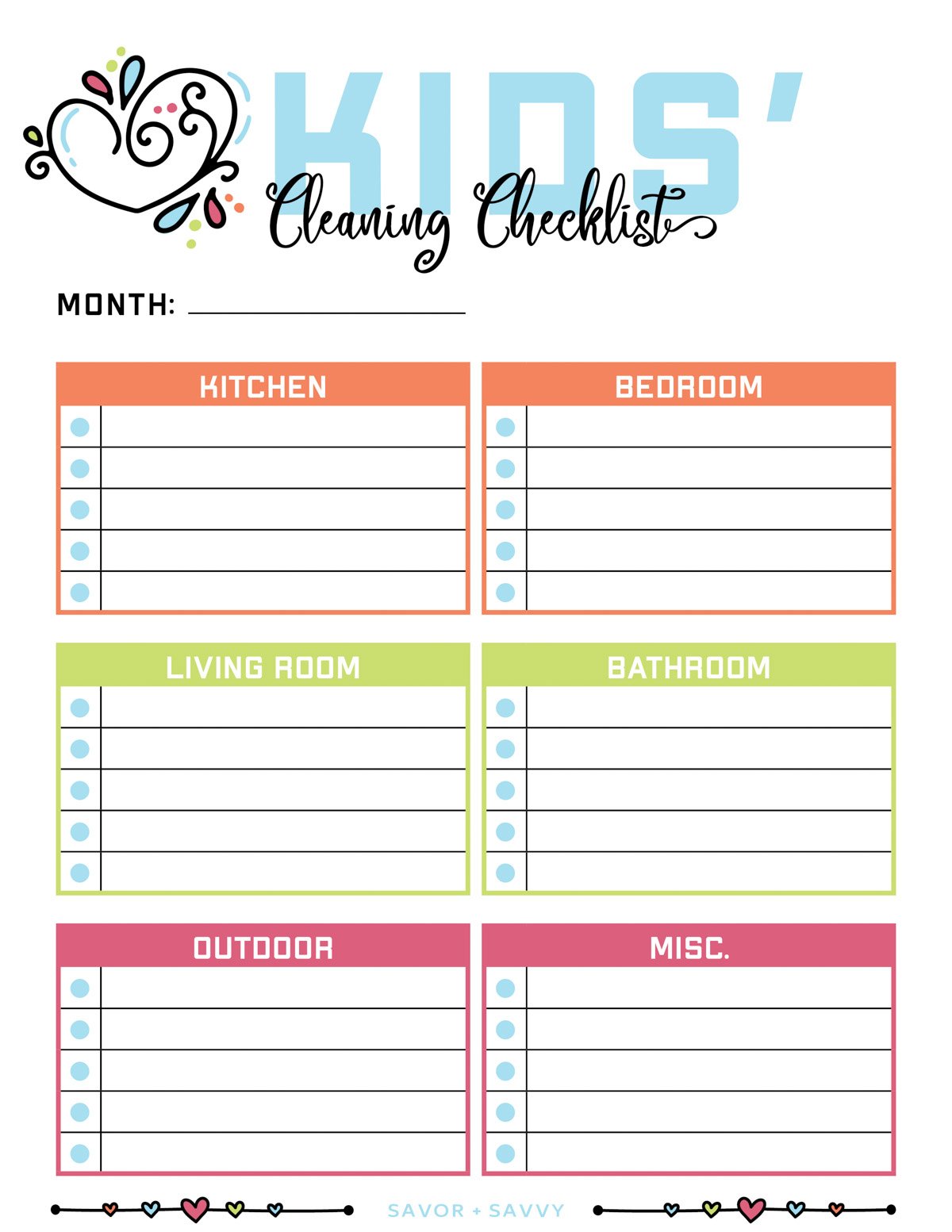 colorful kids cleaning checklist.
