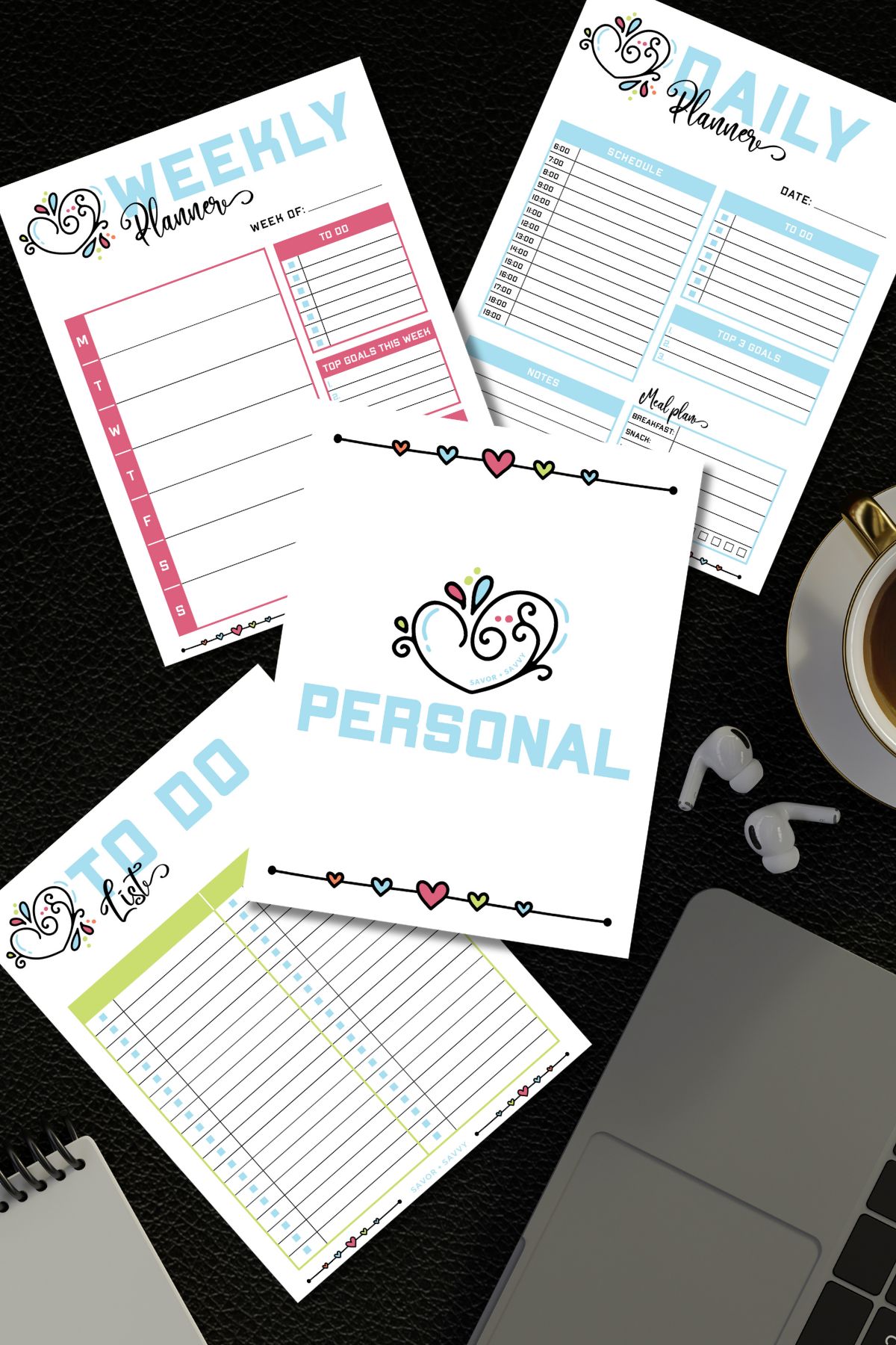 Printable daily planner, weekly planner, to-do list and cover for the Personal section of the mom binder on a black table.