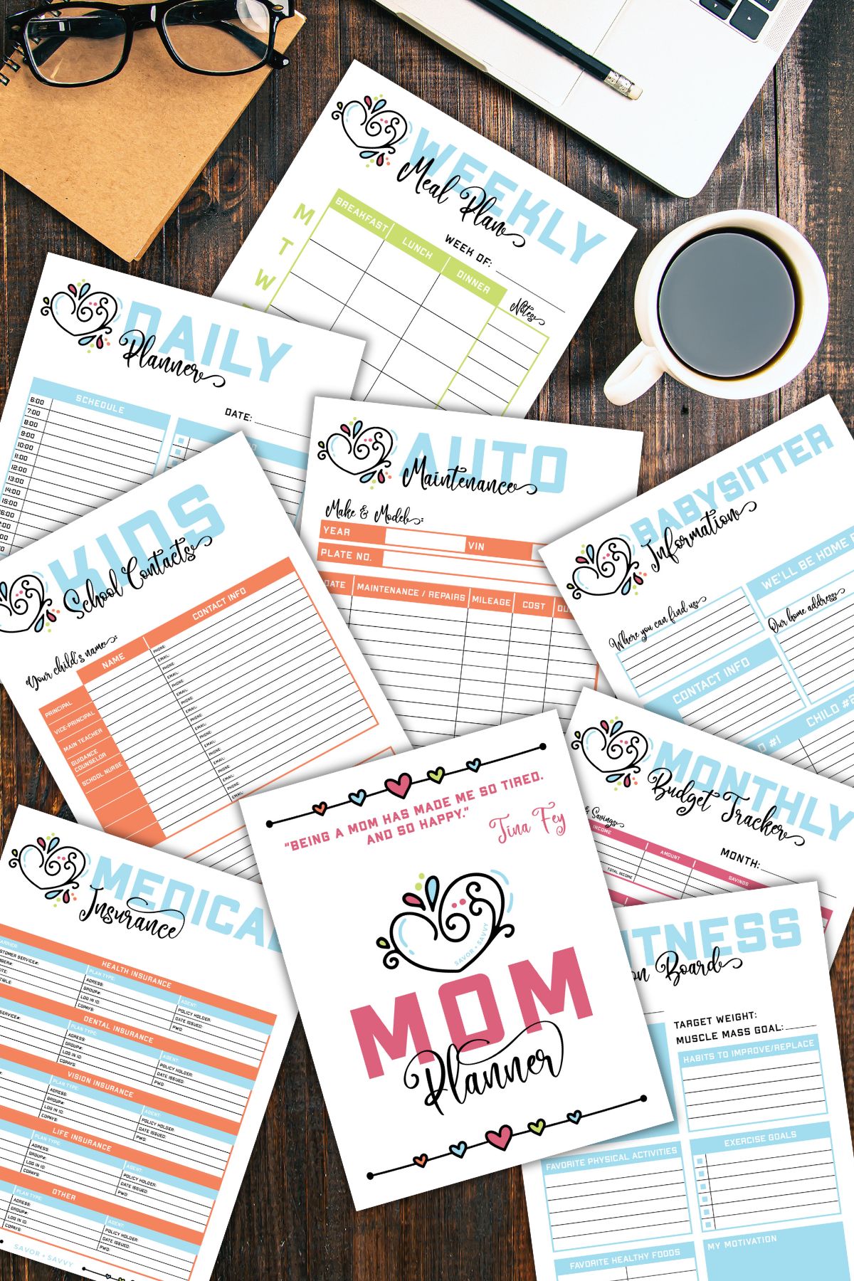 Printable planner pages from the mom binder on a wooden table next to laptop and a cup of coffee.
