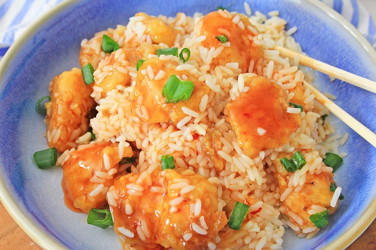 Heaping bowl of instant pot sweet and source chicken and rice.