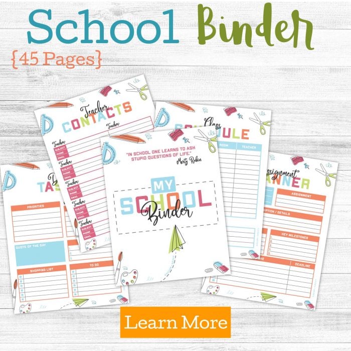 printable pages for the school binder and a Learn More Button