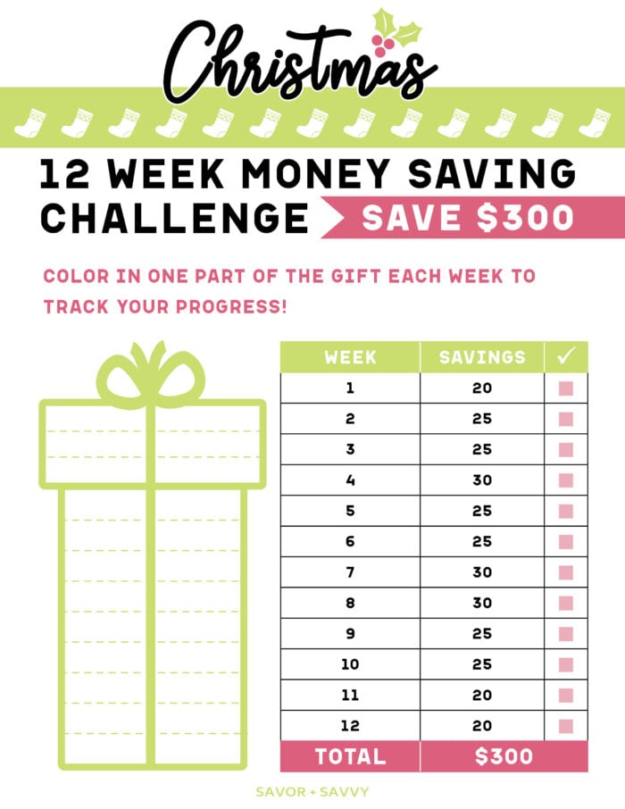 free printable 12 week Christmas money saving challenge to save $300.