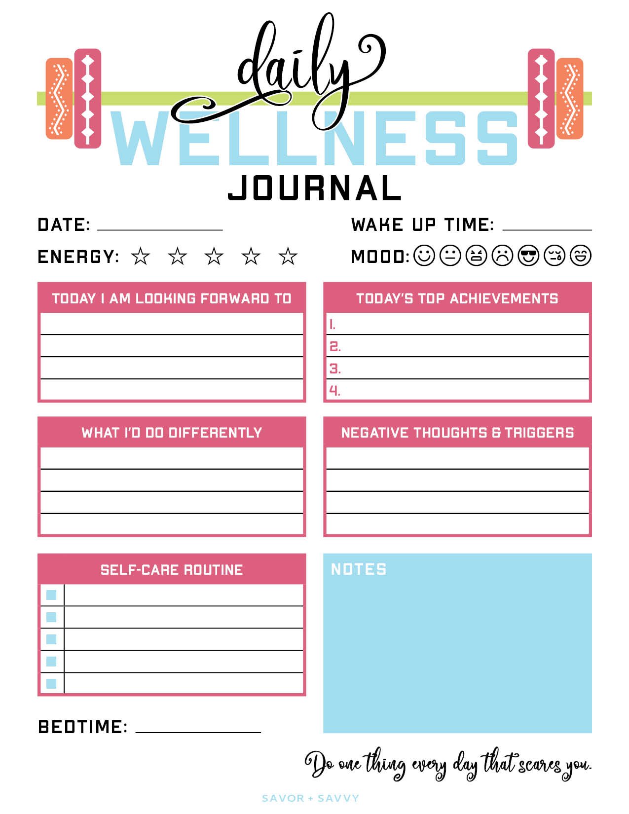 Printable daily wellness journal.