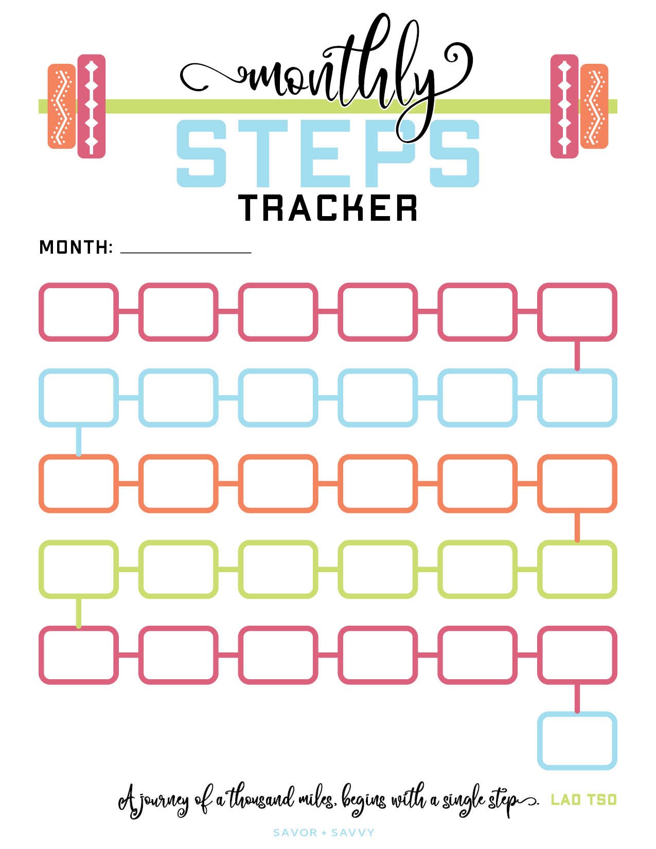 Printable monthly steps tracker.