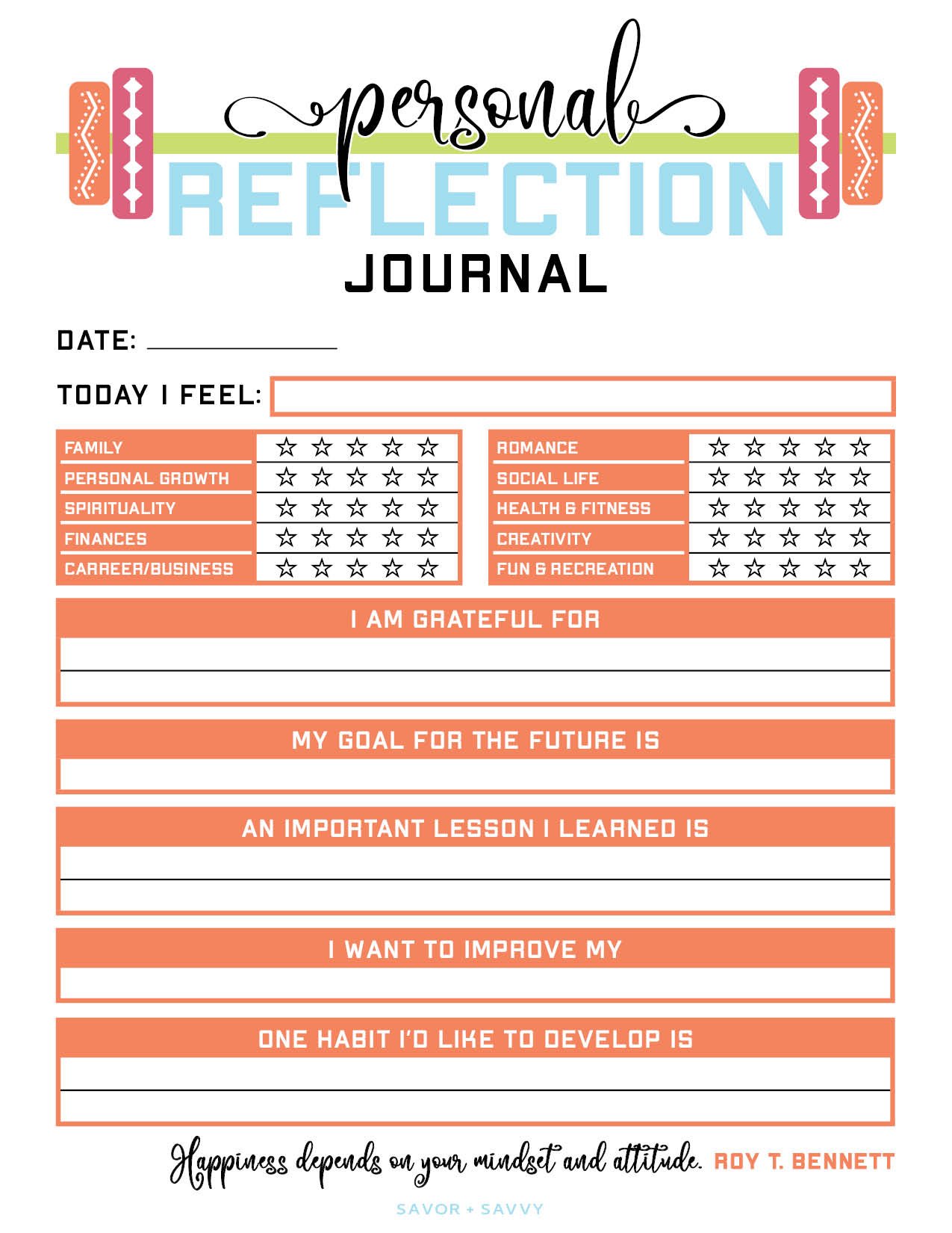 Printable personal reflection journal.