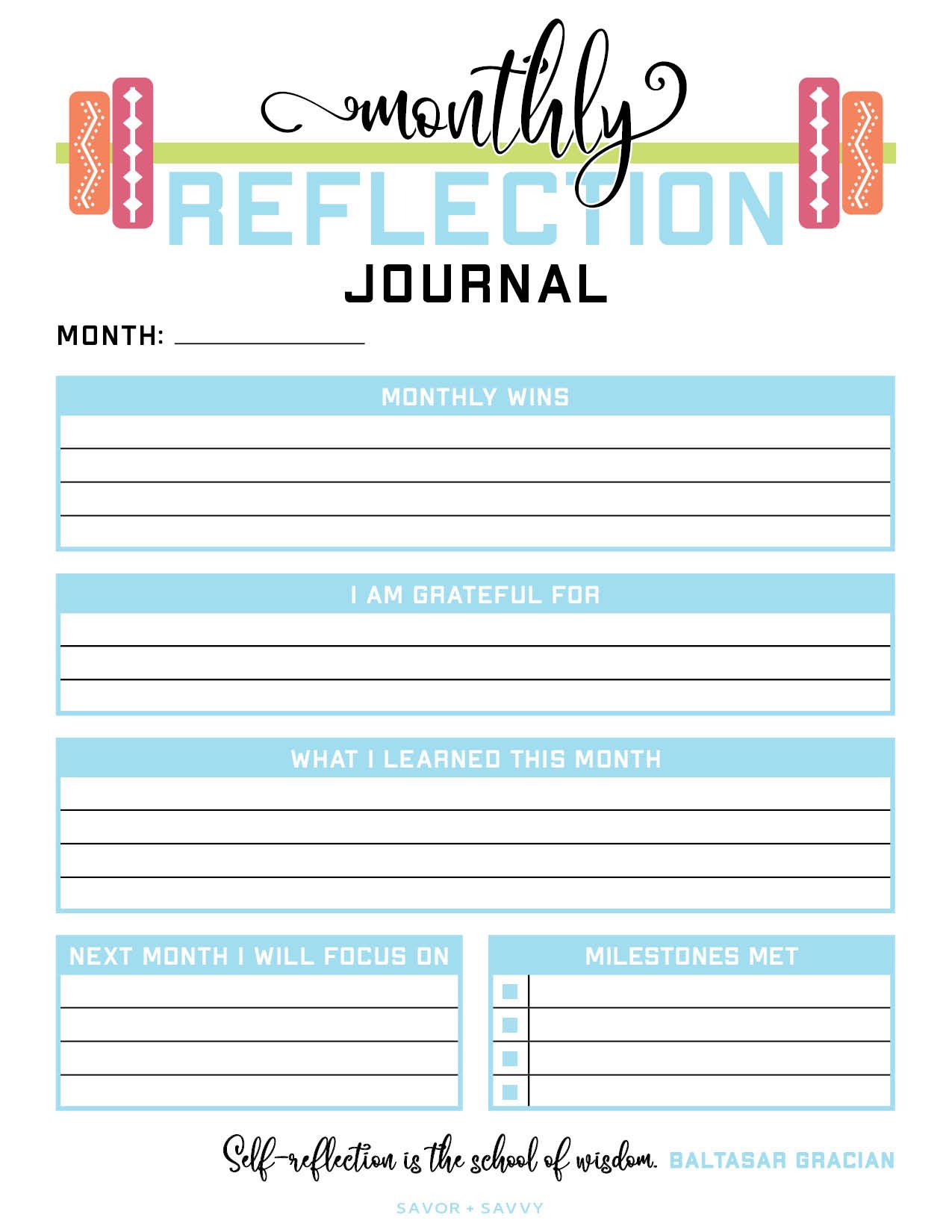 Monthly reflection journal printable.