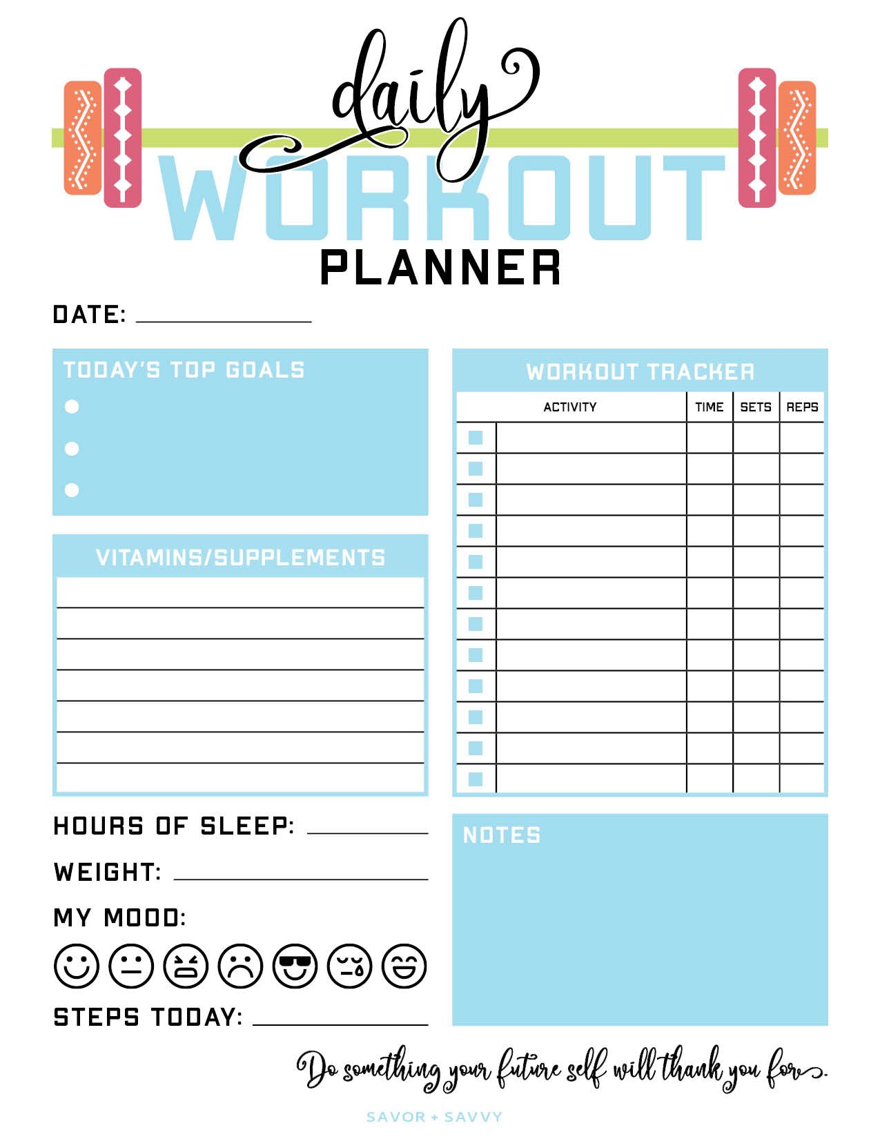 printable daily workout planner.