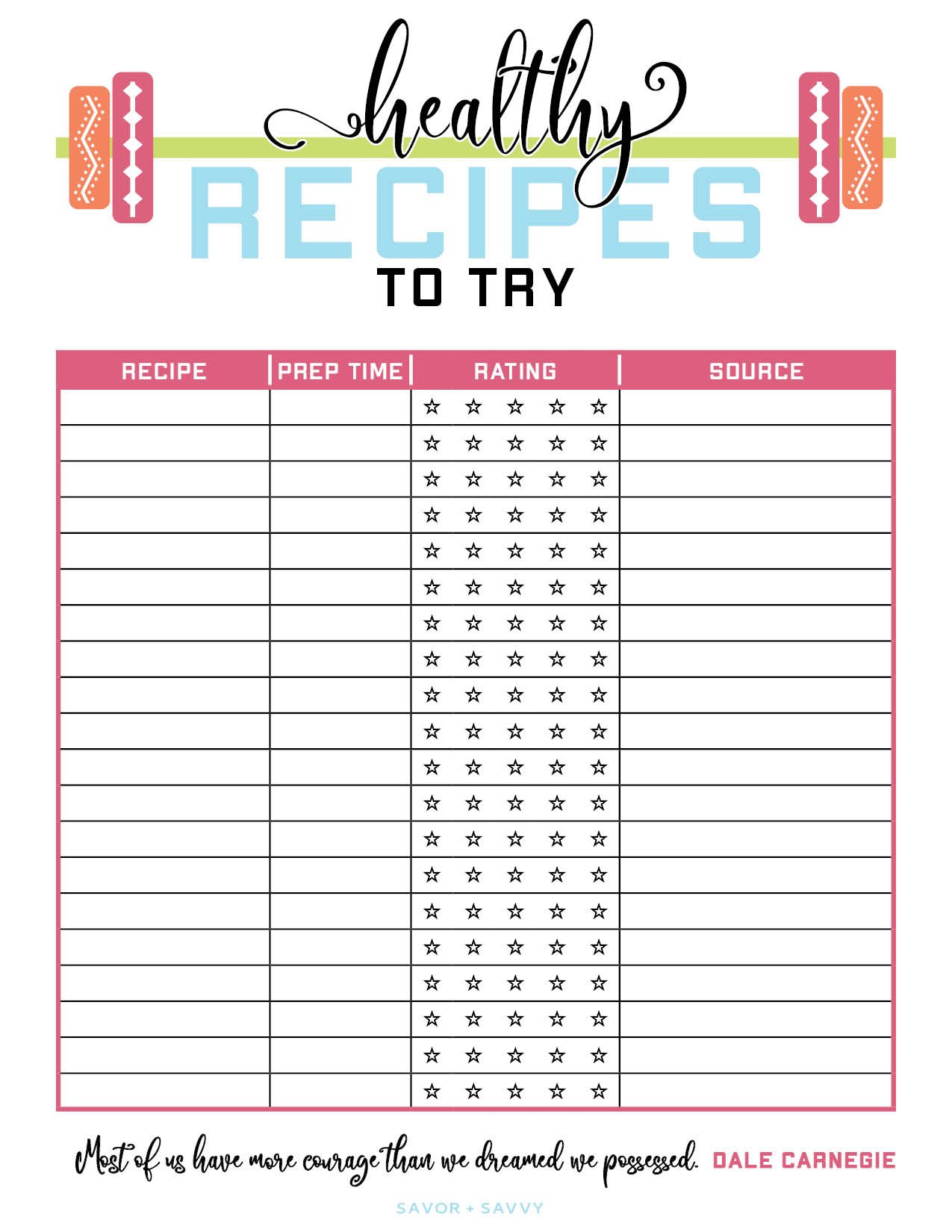 printable log for writing down healthy recipes to try.