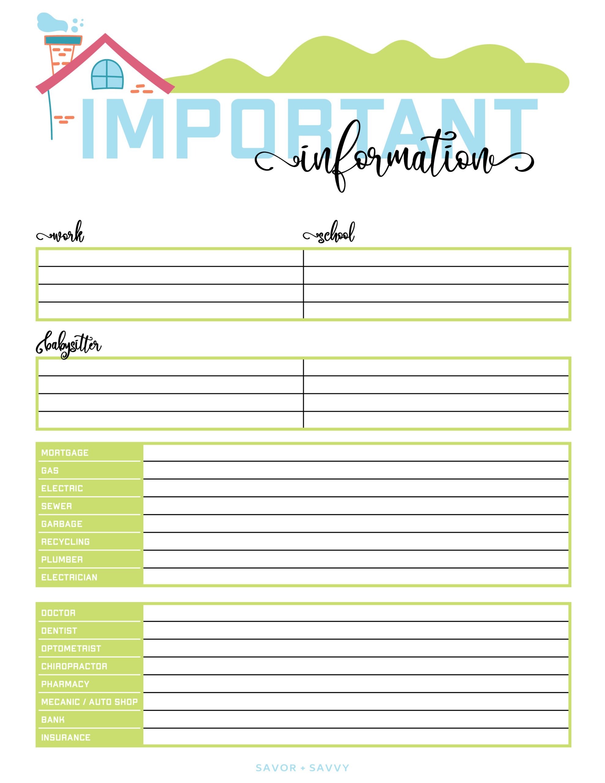 printable Important Contacts sheet from the home organization binder.