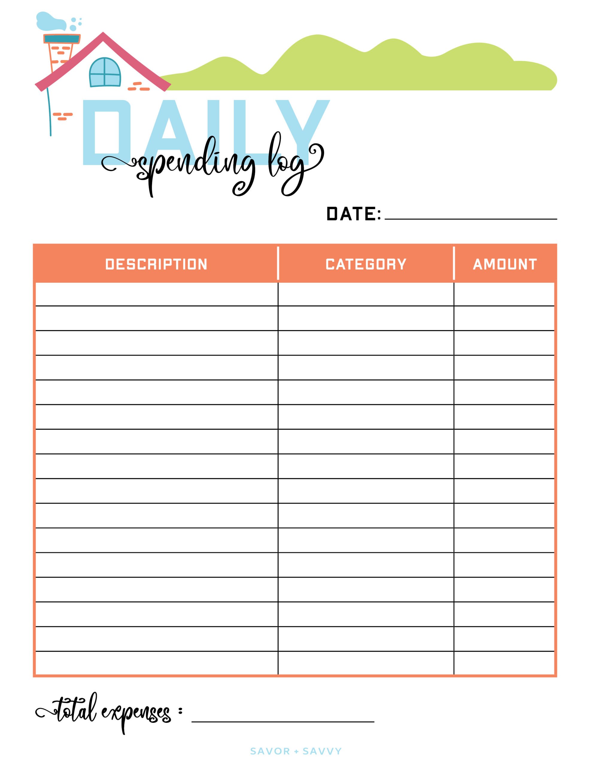 printable daily spending log from the home organization binder.
