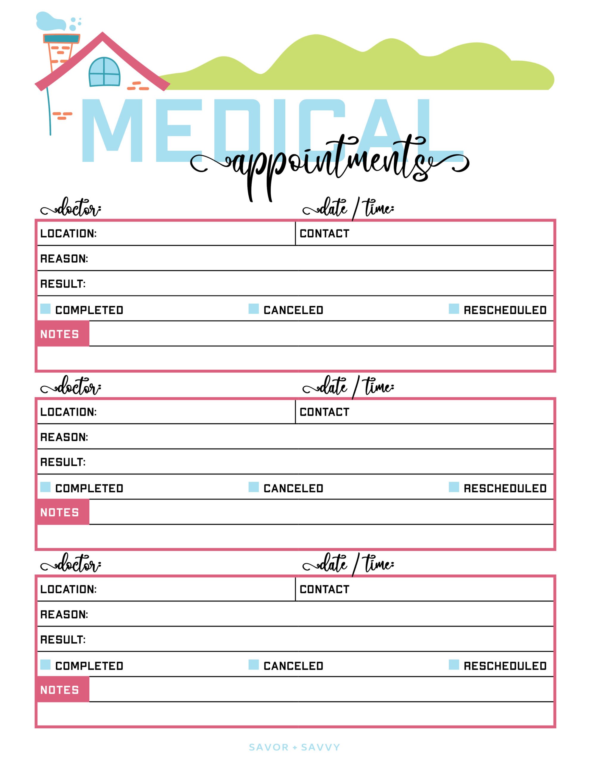 medical appointments printable page from the home organization binder.