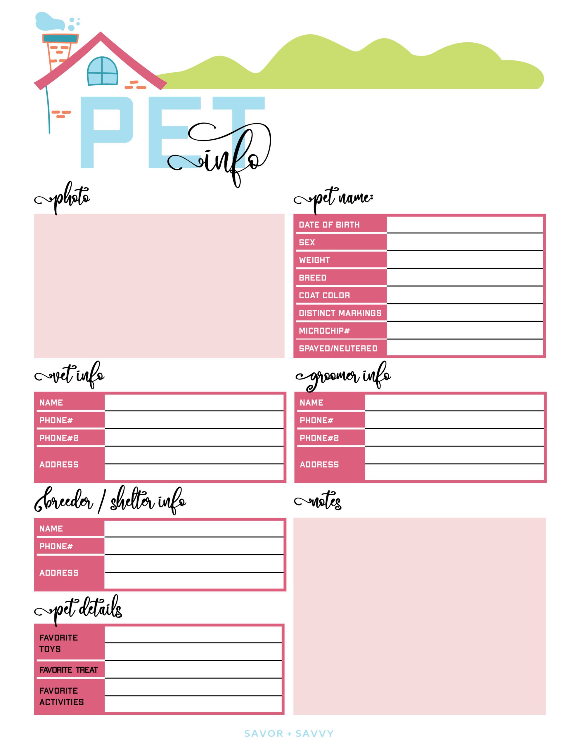 printable pet info page from the home management binder.