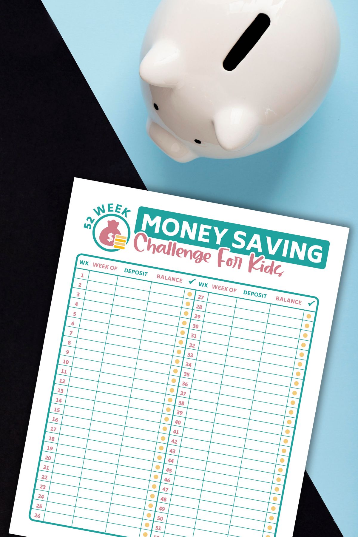 Top view of kids money saving challenge on dark and blue background next to a piggybank.