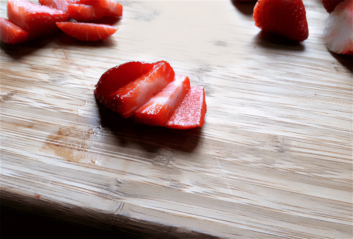 sliced strawberries on a cutting board.