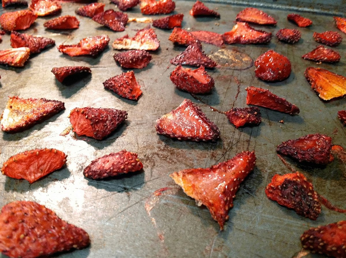 Strawberries dehydrated in the oven for 4 hours.