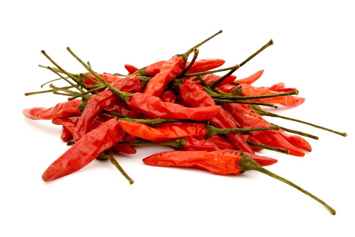 dried red chiles in a stack.