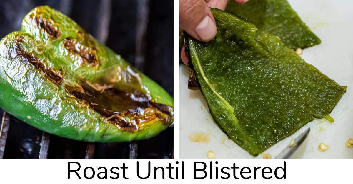 two photos showing roasting the poblano pepper and then cutting it open to remove the seeds.