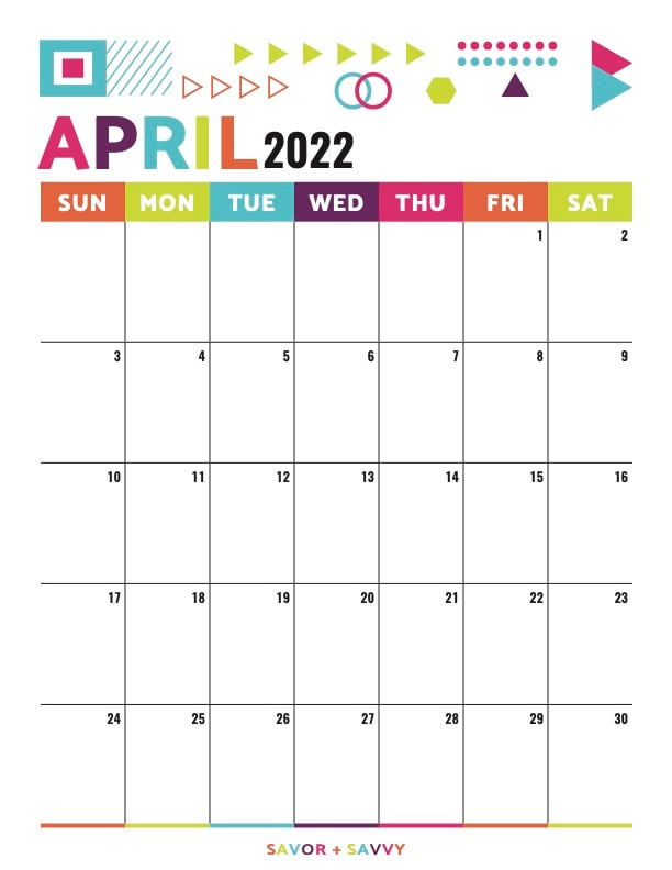 colorful april 2022 calendar