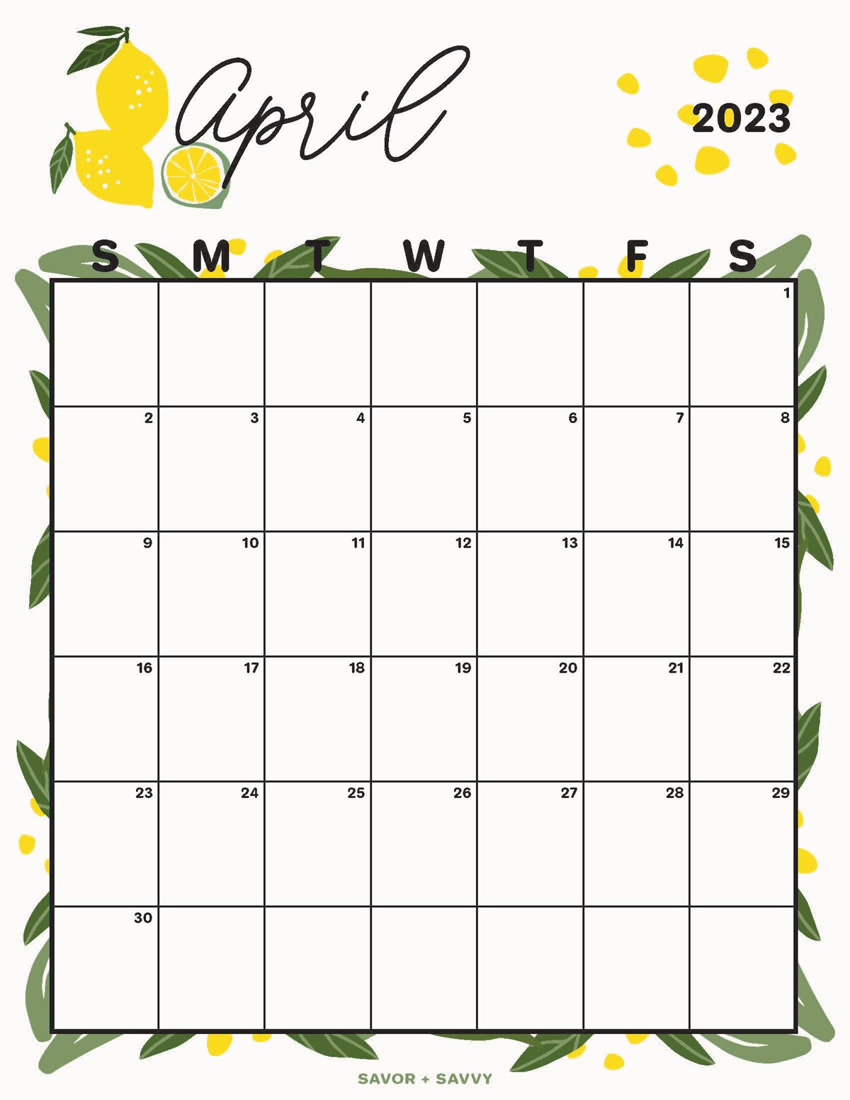 Citrus-themed April 2023 printable calendar with lemon and lemon leaves graphics.