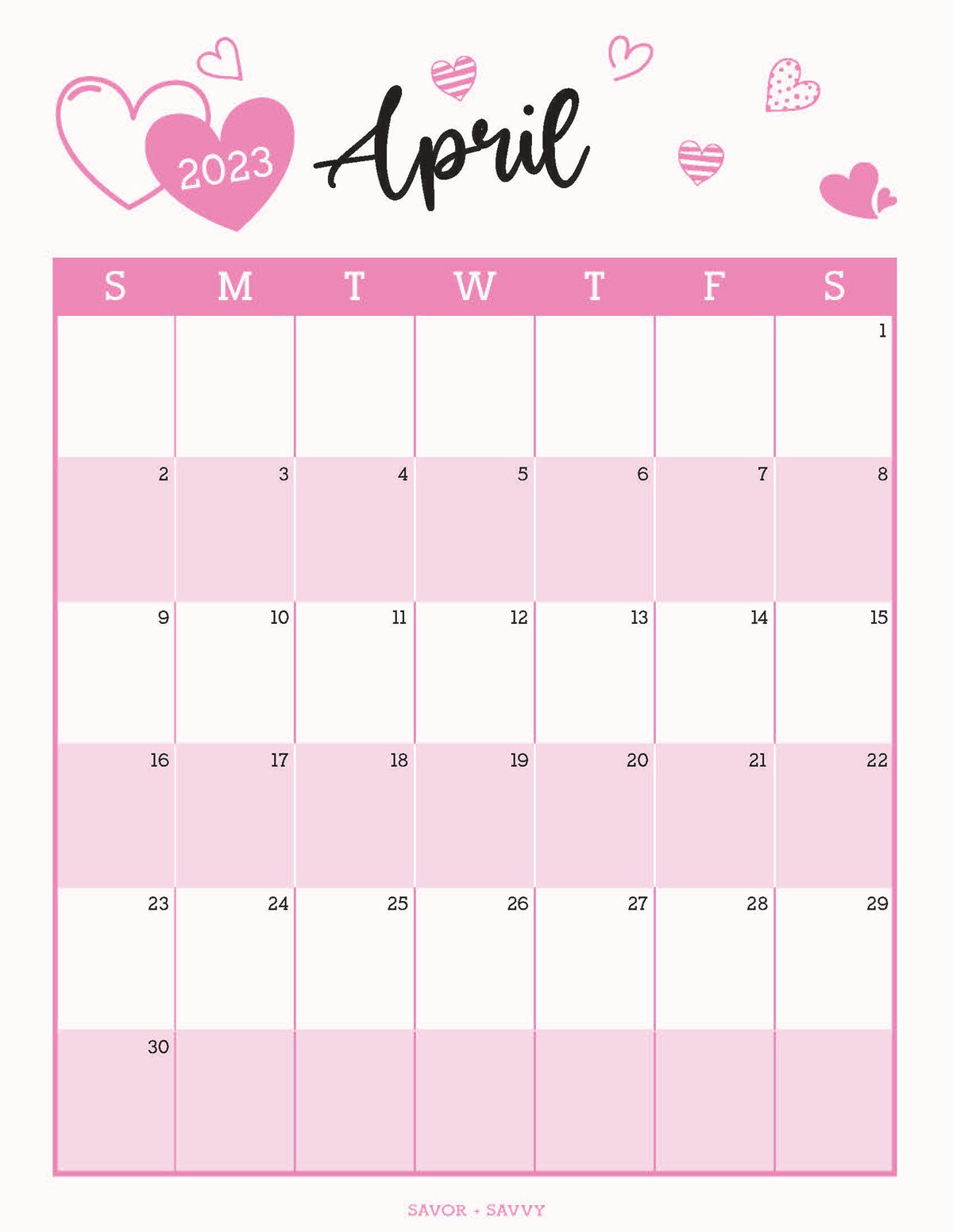 Free printable April 2023 calendar template with a cute pink hearts design.