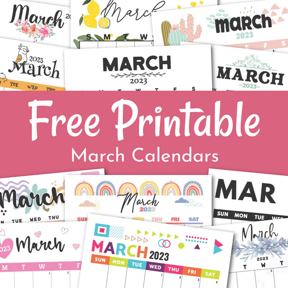 pink background showing all 12 monthly march printable calendar pages.