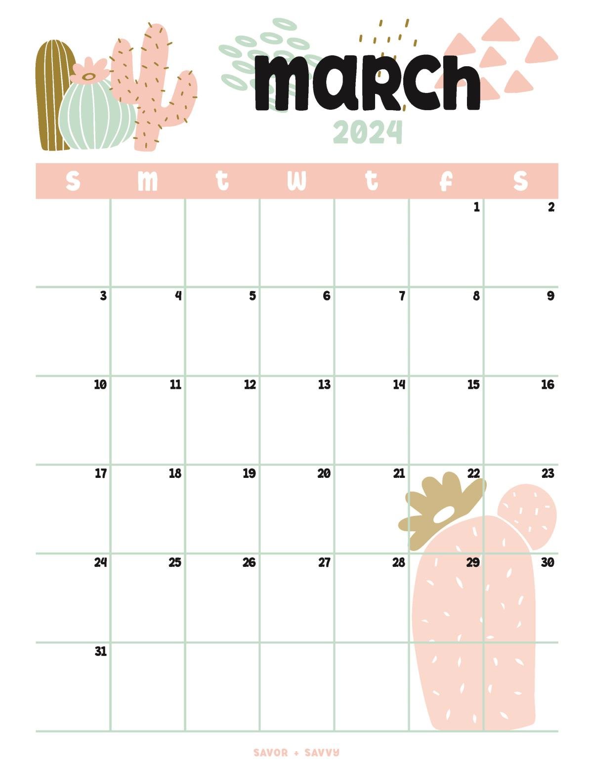 March 2024 Calendar Templates - 14 Free Printables - Savor + Savvy