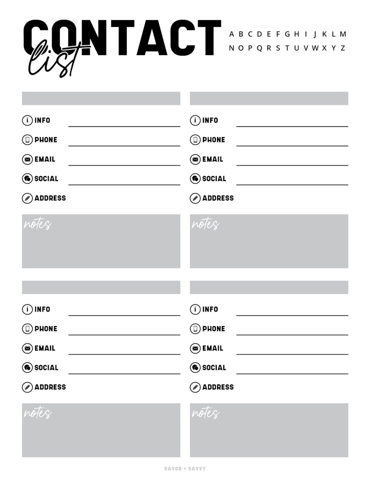 Free Printable Contact List Templates - Savor + Savvy