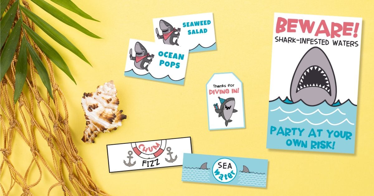free-printable-shark-party-decor-savor-savvy for Kelp Soda Labels Printable Free Free Printable Shark Party Decor - Savor + Savvy for Kelp Soda Labels Printable Free