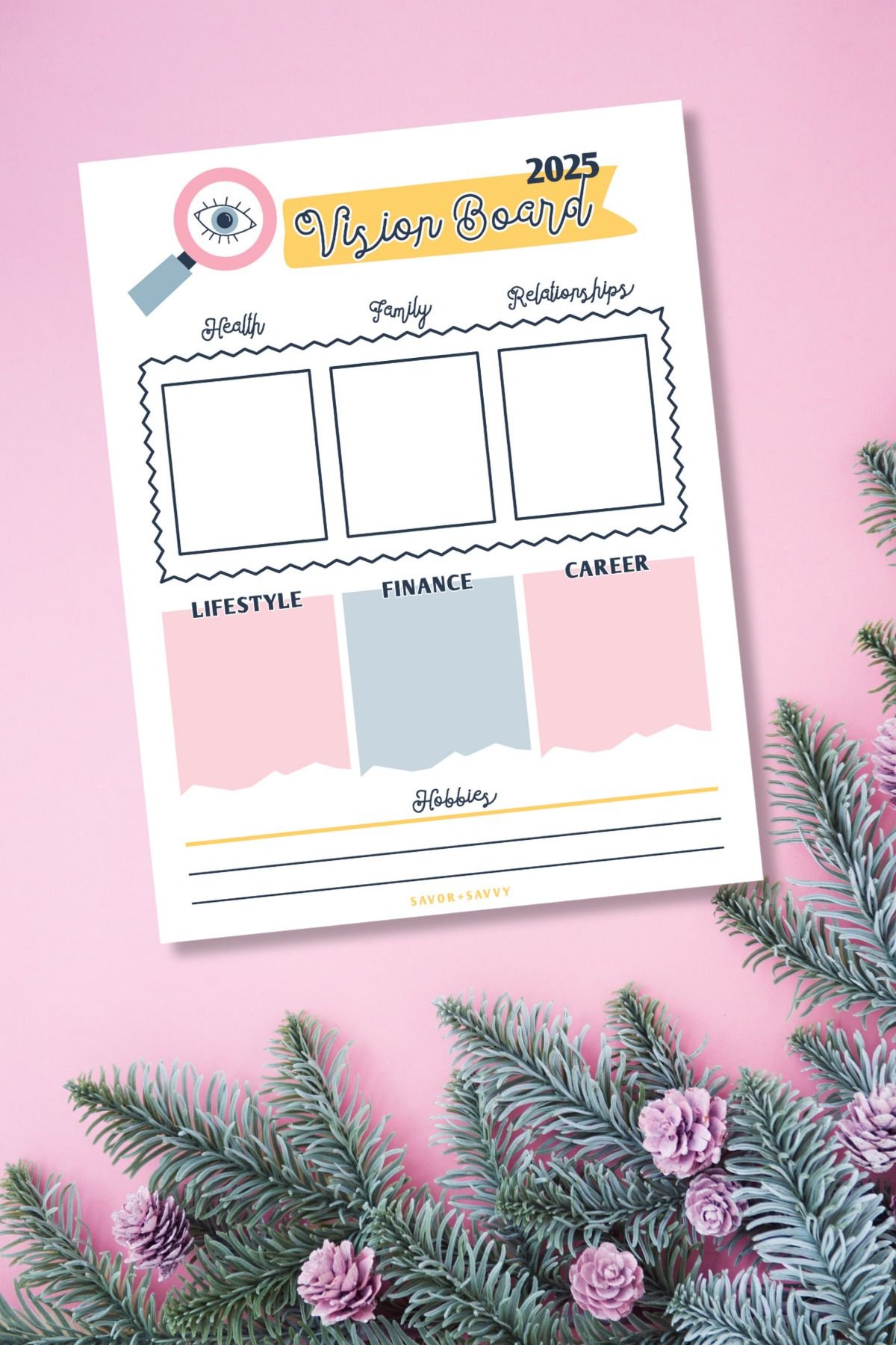 Image of Vision Board printable on pink background.
