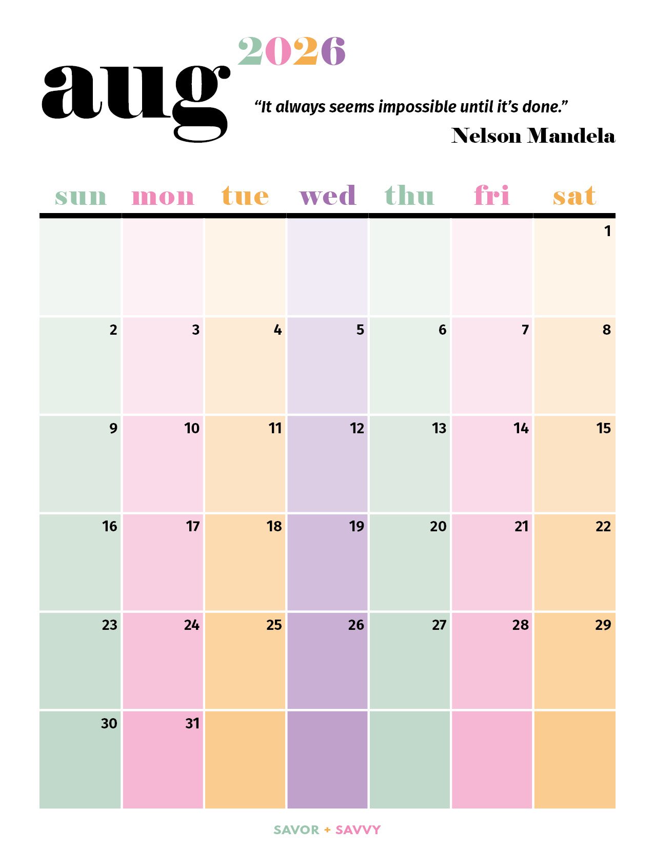 August 2026 calendar template with pastel ombre colors and motivational quote.