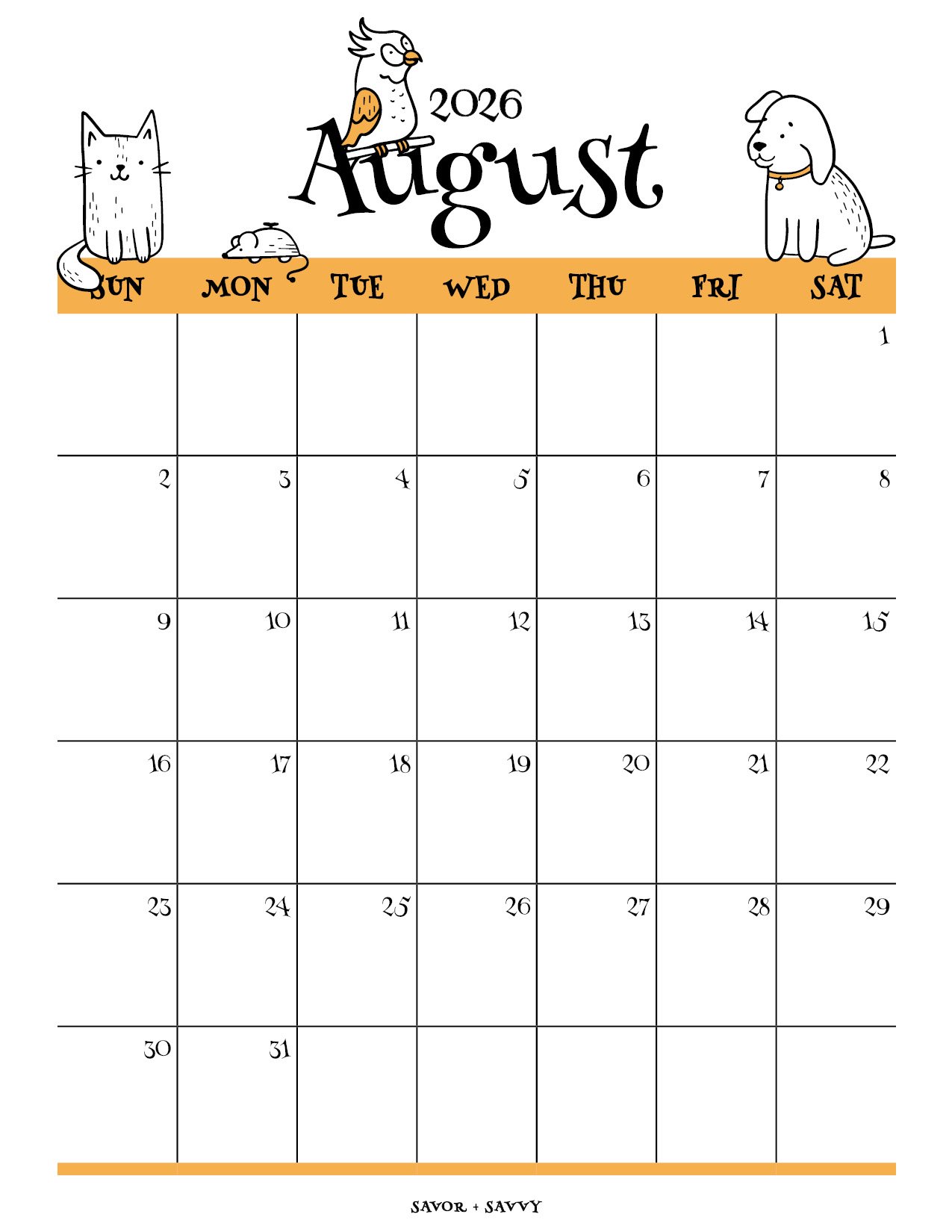 Free printable August 2026 calendar with a cute pets theme, Sunday start.