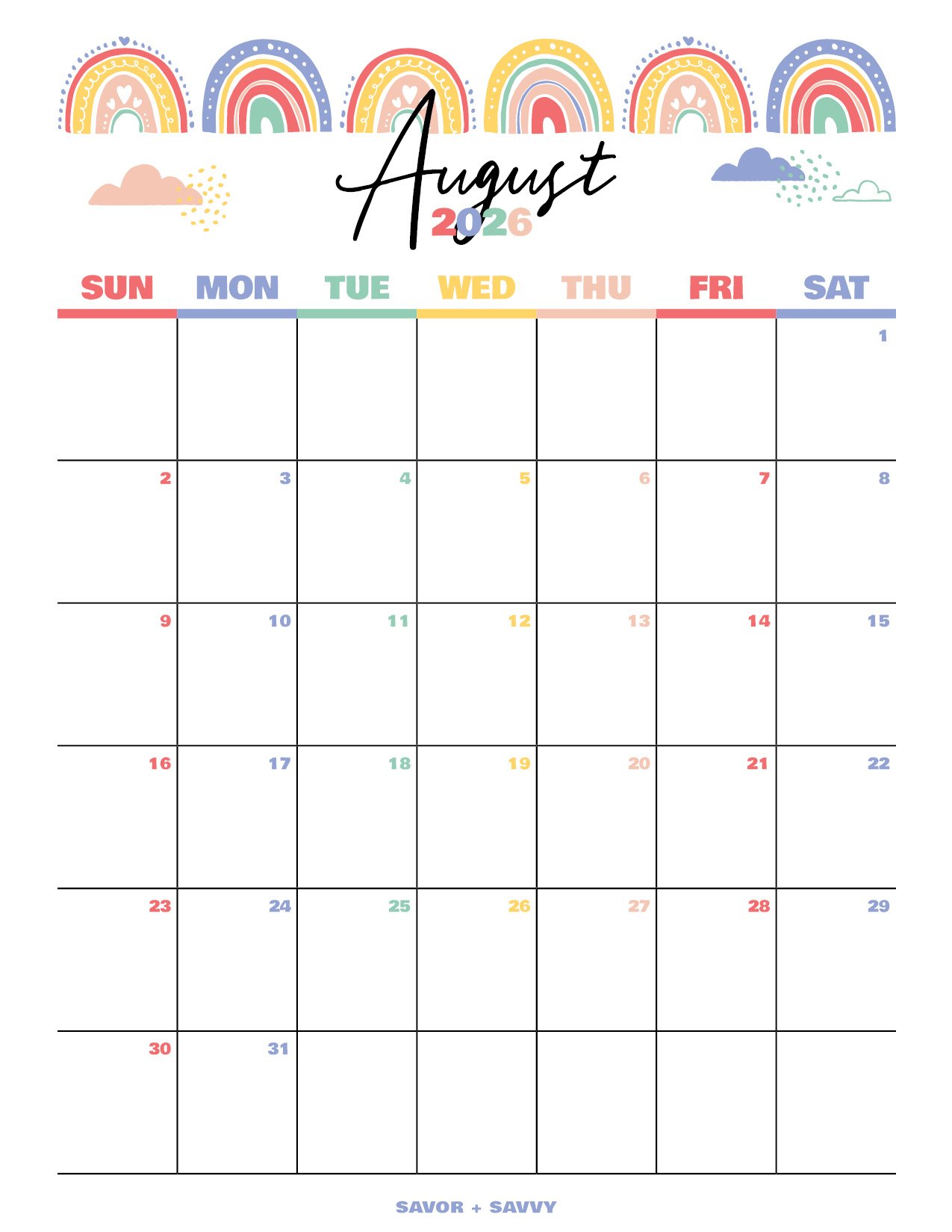 August 2026 calendar PDF with a boho rainbow theme.