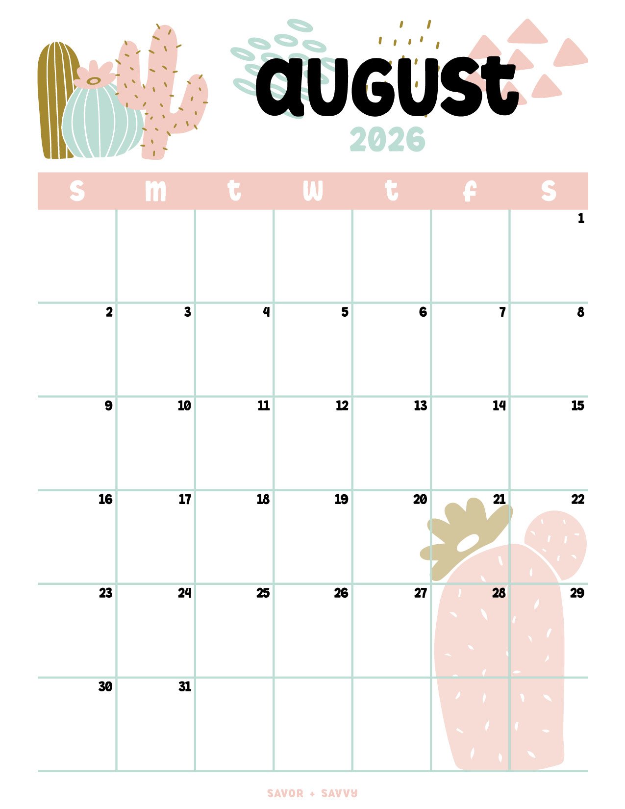 Printable monthly calendar dated for August 2026 with a flat succulents design and a vertical layout.